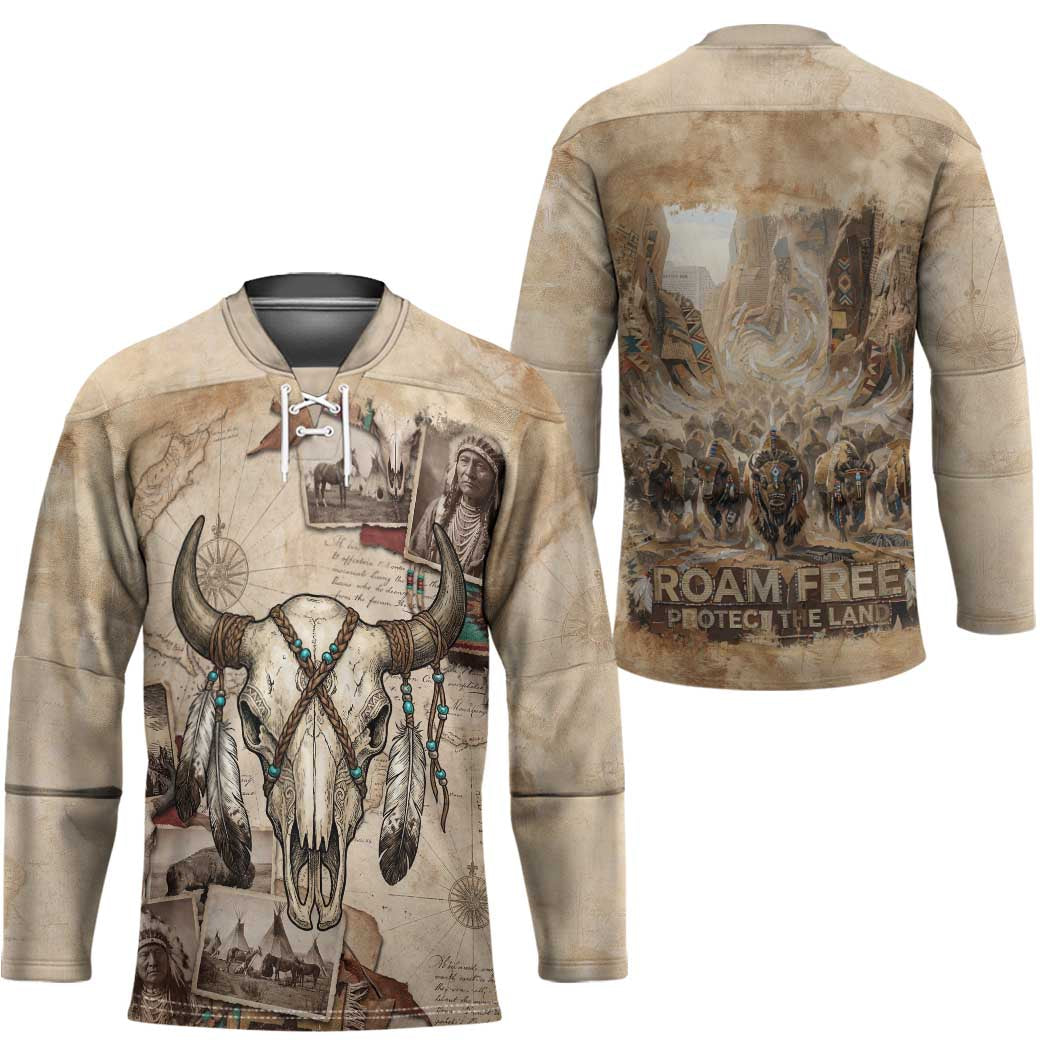 Buffalo Skull Hockey Jersey Feathers Tribal Map and Historical Indigenous Native American Heritage Bison - Wonder Print Shop