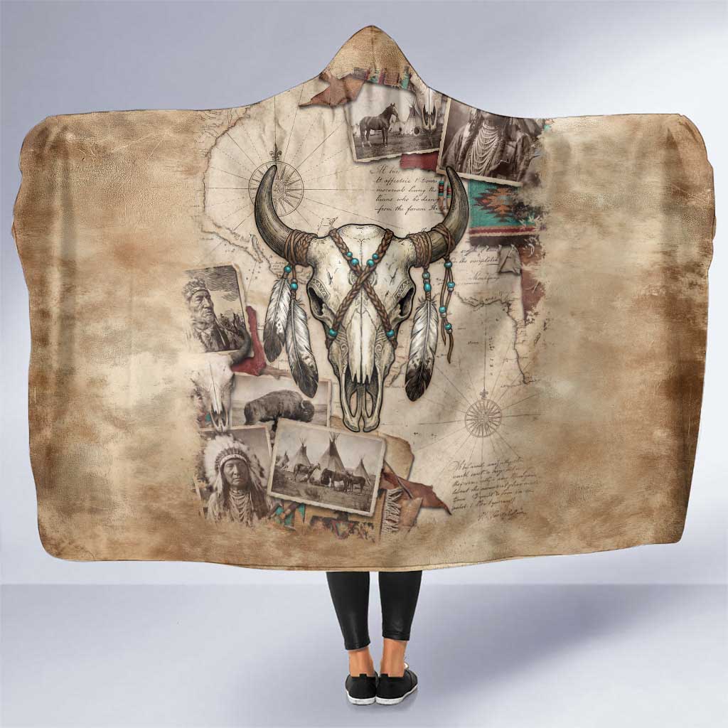 Buffalo Skull Hooded Blanket Feathers Tribal Map and Historical Indigenous Native American Heritage Bison - Wonder Print Shop