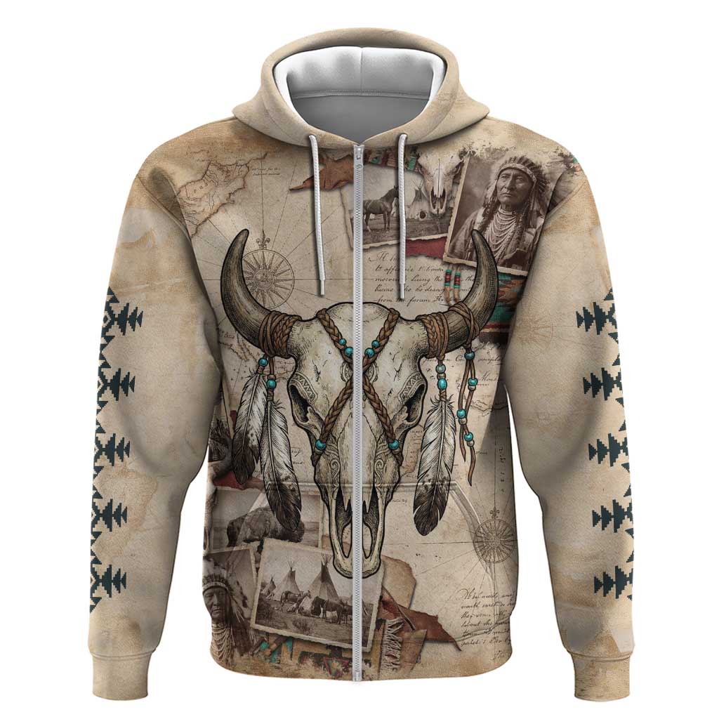 Buffalo Skull Hoodie Feathers Tribal Map and Historical Indigenous Native American Heritage Bison - Wonder Print Shop