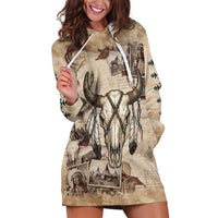 Buffalo Skull Hoodie Dress Feathers Tribal Map and Historical Indigenous Native American Heritage Bison - Wonder Print Shop