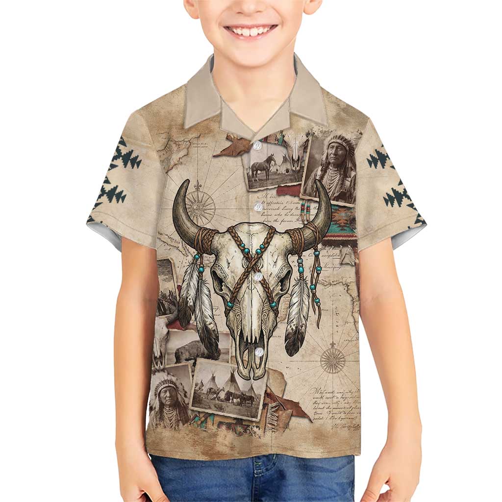 Buffalo Skull Kid Hawaiian Shirt Feathers Tribal Map and Historical Indigenous Native American Heritage Bison - Wonder Print Shop