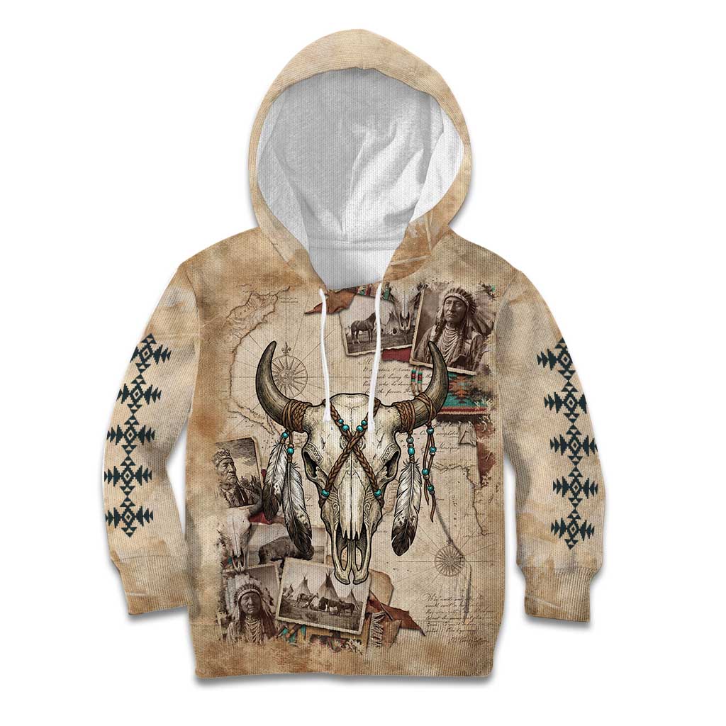 Buffalo Skull Kid Hoodie Feathers Tribal Map and Historical Indigenous Native American Heritage Bison - Wonder Print Shop