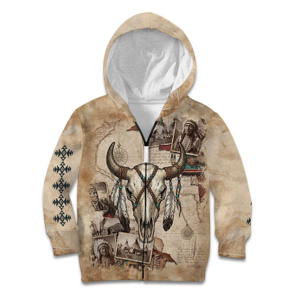 Buffalo Skull Kid Hoodie Feathers Tribal Map and Historical Indigenous Native American Heritage Bison - Wonder Print Shop