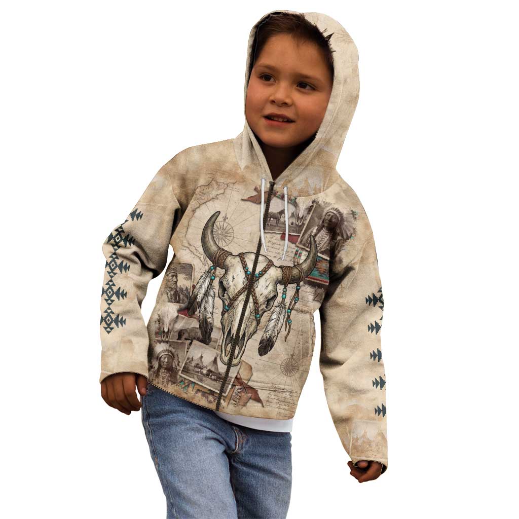 Buffalo Skull Kid Hoodie Feathers Tribal Map and Historical Indigenous Native American Heritage Bison - Wonder Print Shop