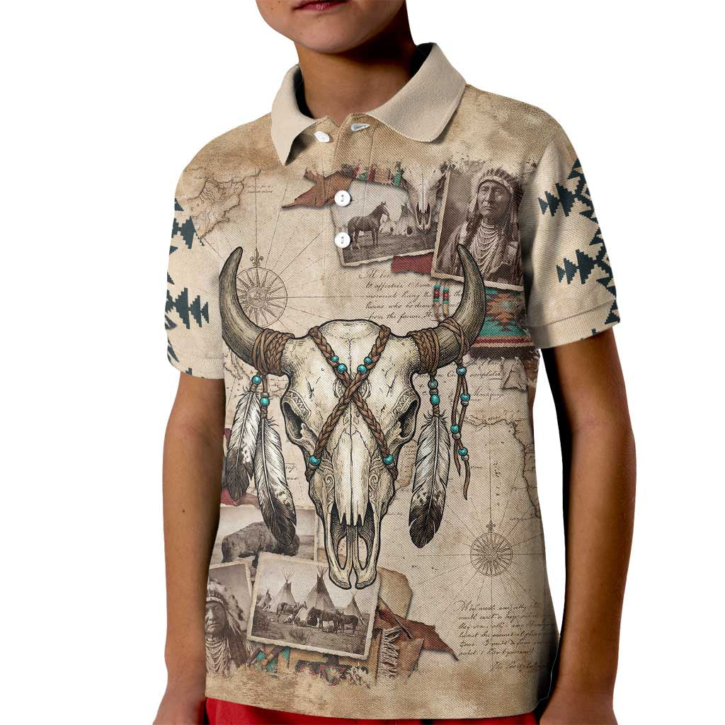 Buffalo Skull Kid Polo Shirt Feathers Tribal Map and Historical Indigenous Native American Heritage Bison - Wonder Print Shop