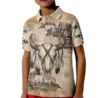 Buffalo Skull Kid Polo Shirt Feathers Tribal Map and Historical Indigenous Native American Heritage Bison - Wonder Print Shop