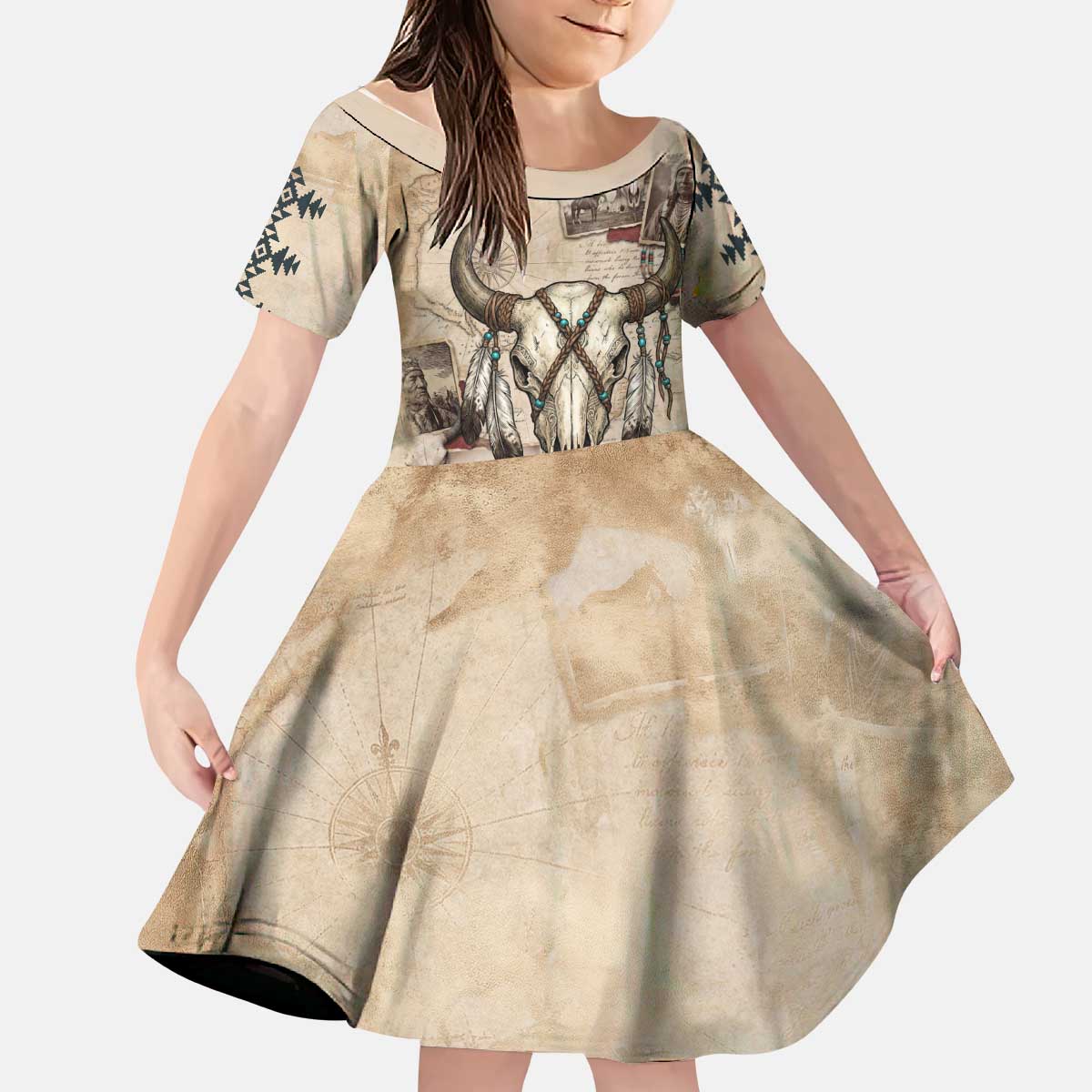 Buffalo Skull Kid Short Sleeve Dress Feathers Tribal Map and Historical Indigenous Native American Heritage Bison - Wonder Print Shop