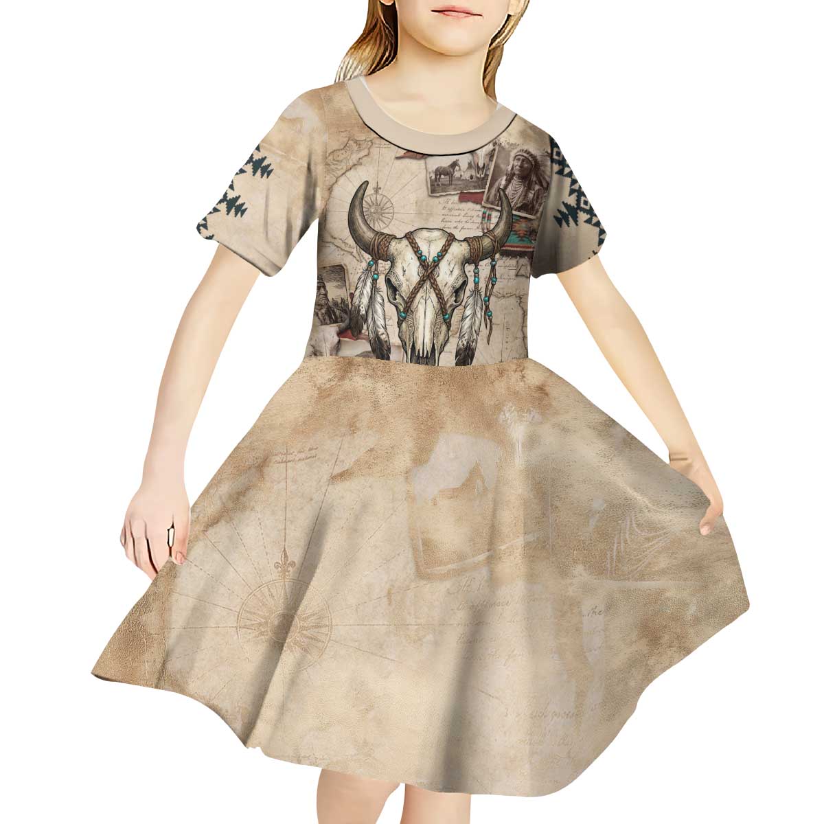 Buffalo Skull Kid Short Sleeve Dress Feathers Tribal Map and Historical Indigenous Native American Heritage Bison - Wonder Print Shop