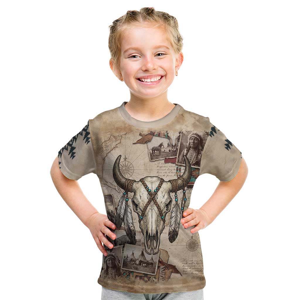 Buffalo Skull Kid T Shirt Feathers Tribal Map and Historical Indigenous Native American Heritage Bison - Wonder Print Shop