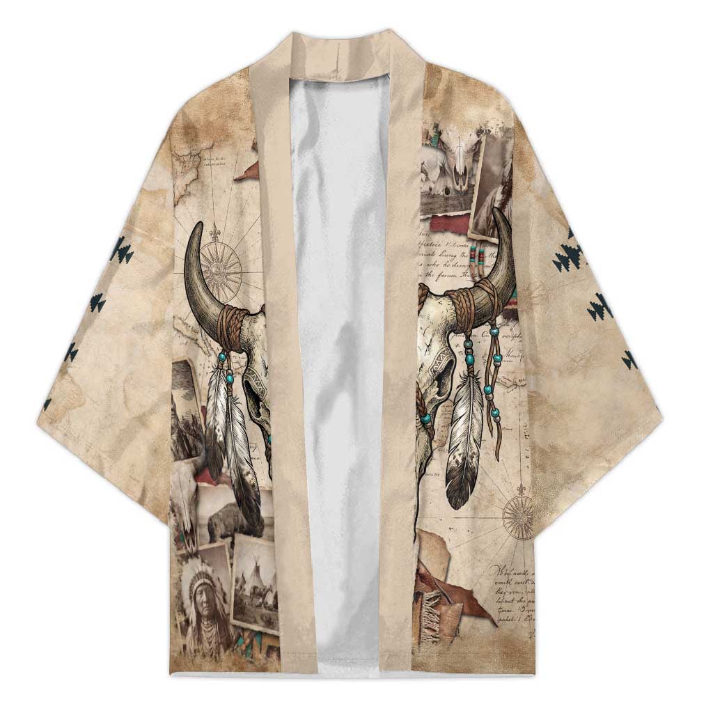 Buffalo Skull Kimono Feathers Tribal Map and Historical Indigenous Native American Heritage Bison - Wonder Print Shop