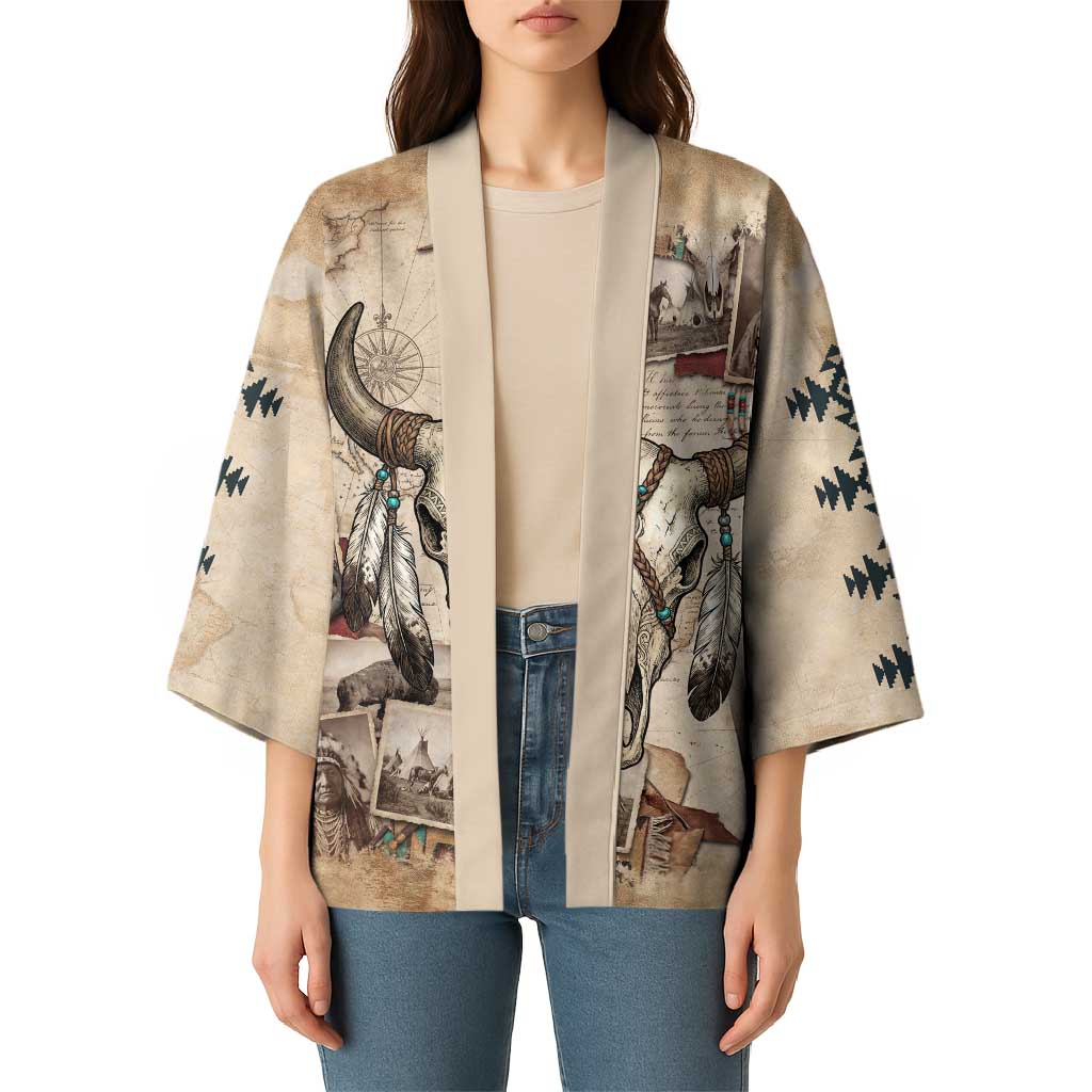 Buffalo Skull Kimono Feathers Tribal Map and Historical Indigenous Native American Heritage Bison - Wonder Print Shop