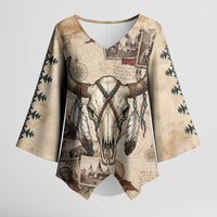 Buffalo Skull Kimono Sleeve Blouse Feathers Tribal Map and Historical Indigenous Native American Heritage Bison - Wonder Print Shop