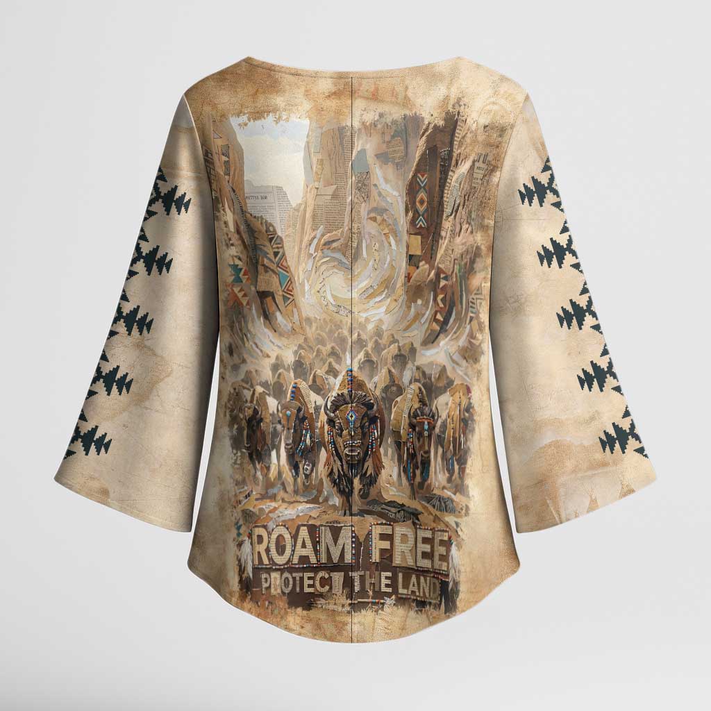 Buffalo Skull Kimono Sleeve Blouse Feathers Tribal Map and Historical Indigenous Native American Heritage Bison - Wonder Print Shop