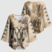 Buffalo Skull Kimono Sleeve Blouse Feathers Tribal Map and Historical Indigenous Native American Heritage Bison - Wonder Print Shop