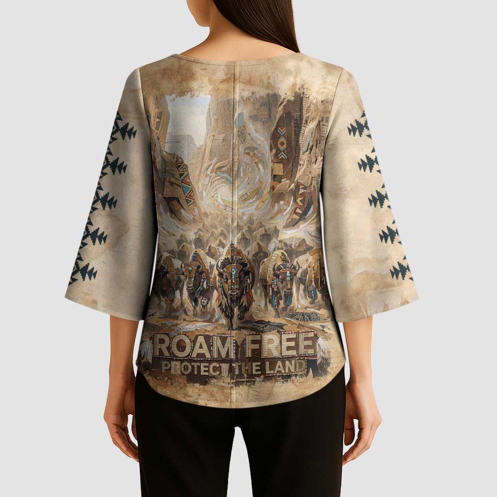 Buffalo Skull Kimono Sleeve Blouse Feathers Tribal Map and Historical Indigenous Native American Heritage Bison - Wonder Print Shop