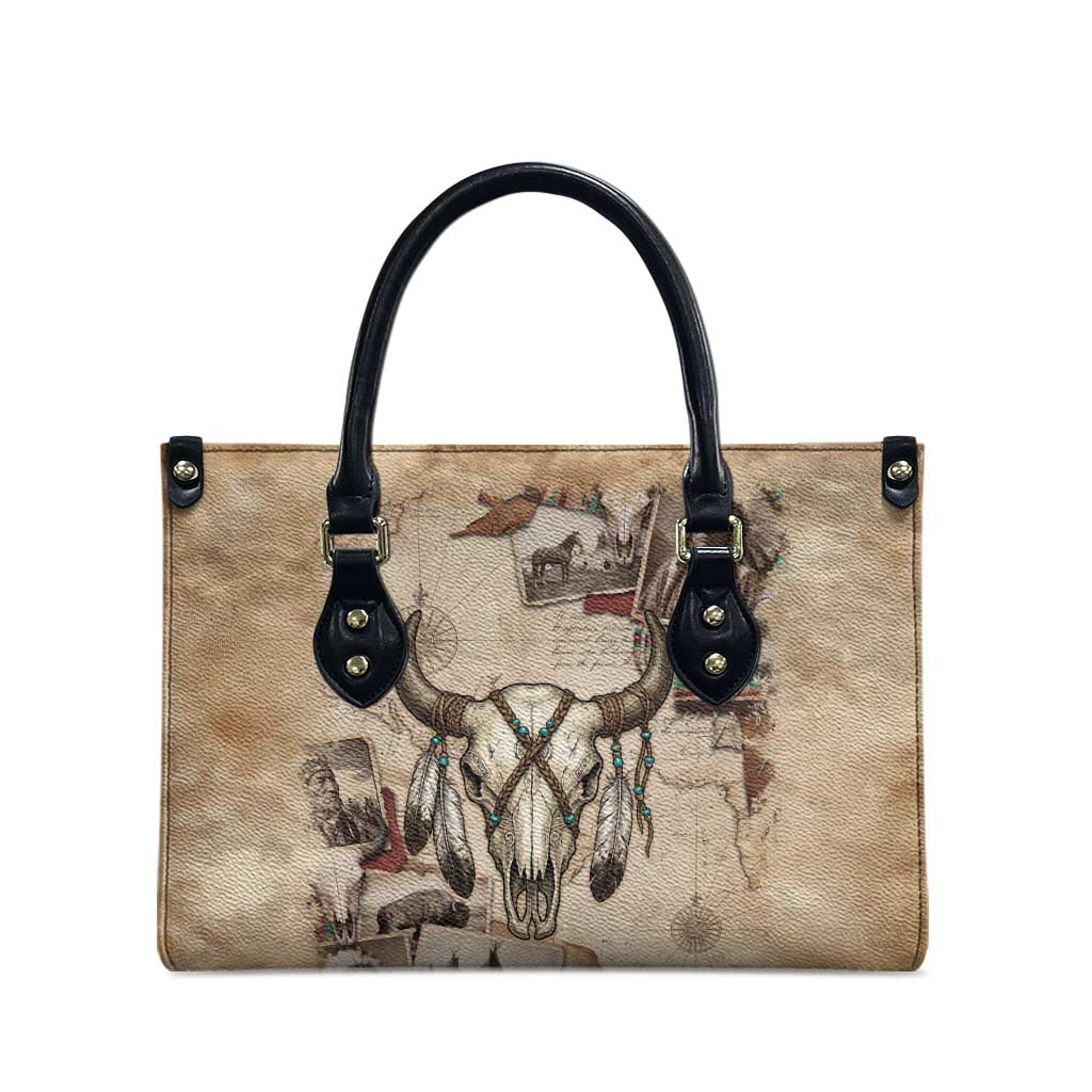 Buffalo Skull Leather Bag Feathers Tribal Map and Historical Indigenous Native American Heritage Bison - Wonder Print Shop