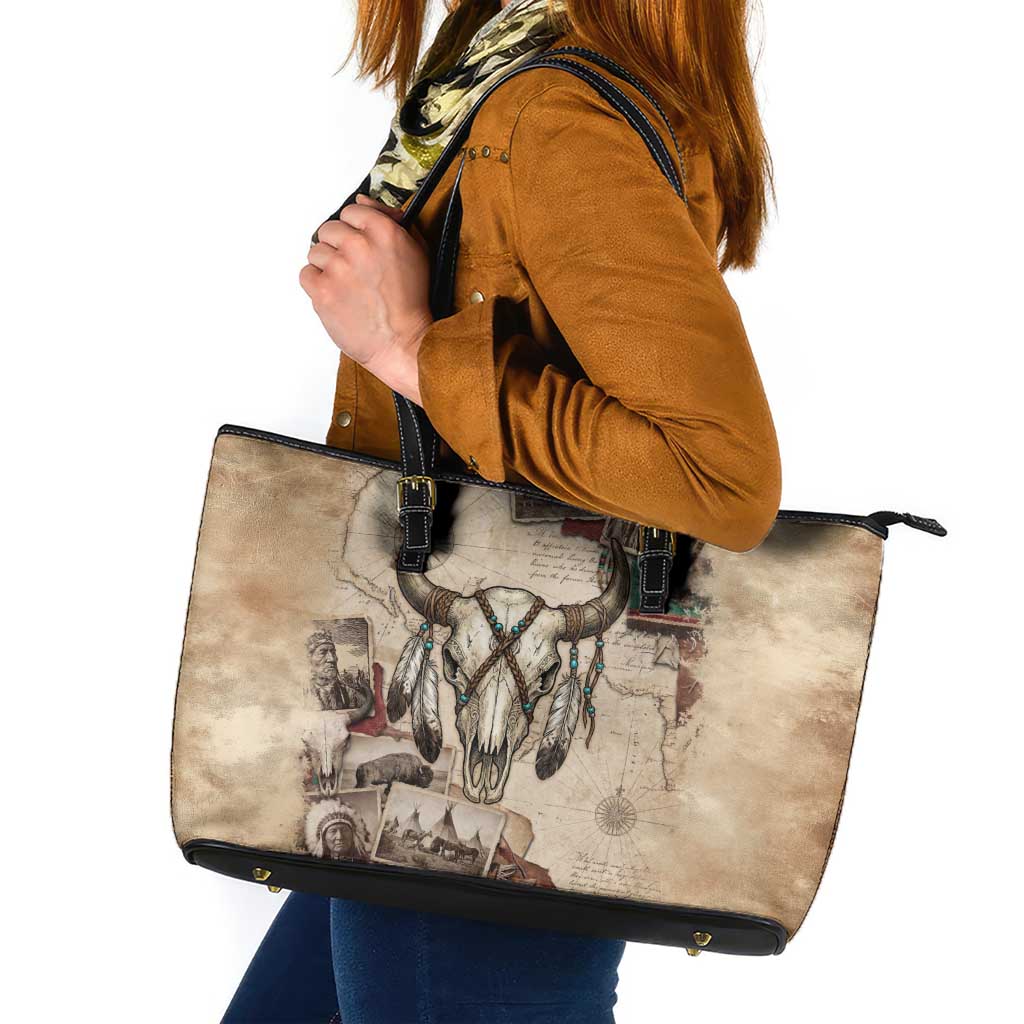 Buffalo Skull Leather Tote Bag Feathers Tribal Map and Historical Indigenous Native American Heritage Bison - Wonder Print Shop