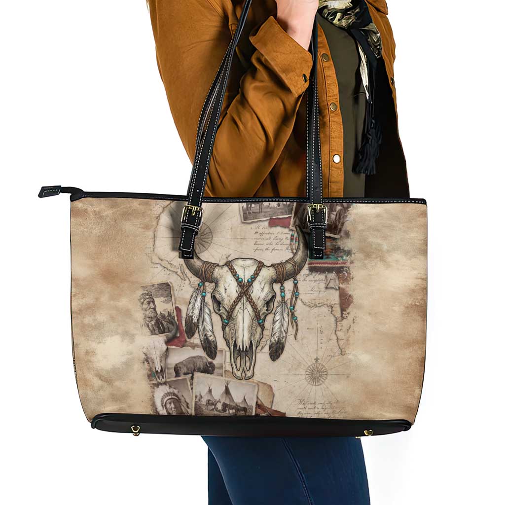 Buffalo Skull Leather Tote Bag Feathers Tribal Map and Historical Indigenous Native American Heritage Bison - Wonder Print Shop