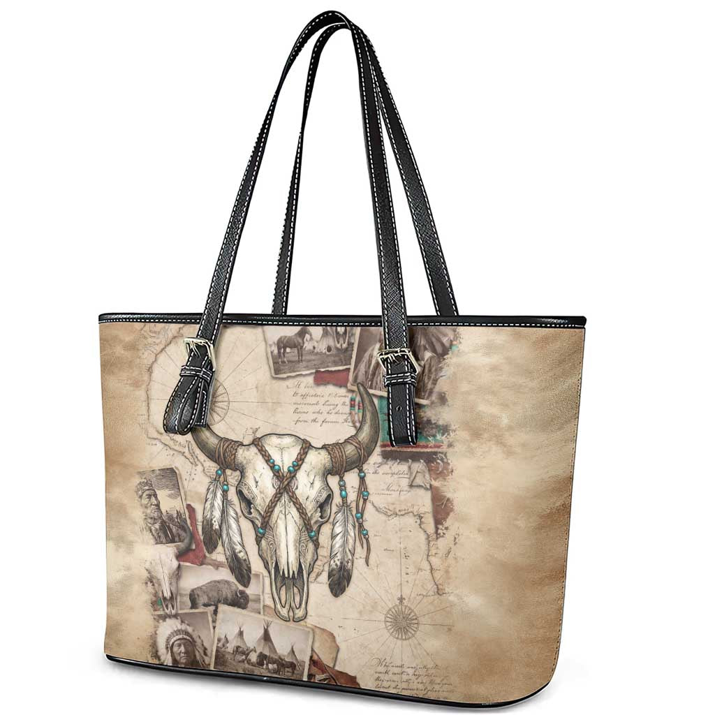 Buffalo Skull Leather Tote Bag Feathers Tribal Map and Historical Indigenous Native American Heritage Bison - Wonder Print Shop
