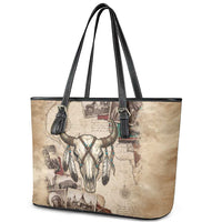 Buffalo Skull Leather Tote Bag Feathers Tribal Map and Historical Indigenous Native American Heritage Bison - Wonder Print Shop