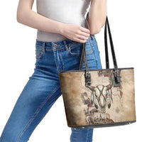 Buffalo Skull Leather Tote Bag Feathers Tribal Map and Historical Indigenous Native American Heritage Bison - Wonder Print Shop