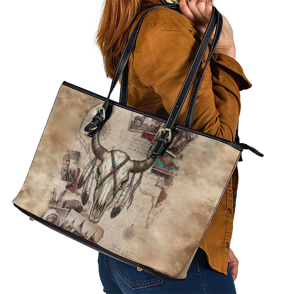 Buffalo Skull Leather Tote Bag Feathers Tribal Map and Historical Indigenous Native American Heritage Bison - Wonder Print Shop
