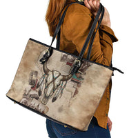 Buffalo Skull Leather Tote Bag Feathers Tribal Map and Historical Indigenous Native American Heritage Bison - Wonder Print Shop