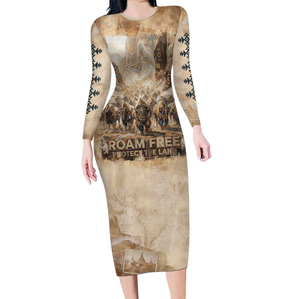 Buffalo Skull Long Sleeve Bodycon Dress Feathers Tribal Map and Historical Indigenous Native American Heritage Bison - Wonder Print Shop
