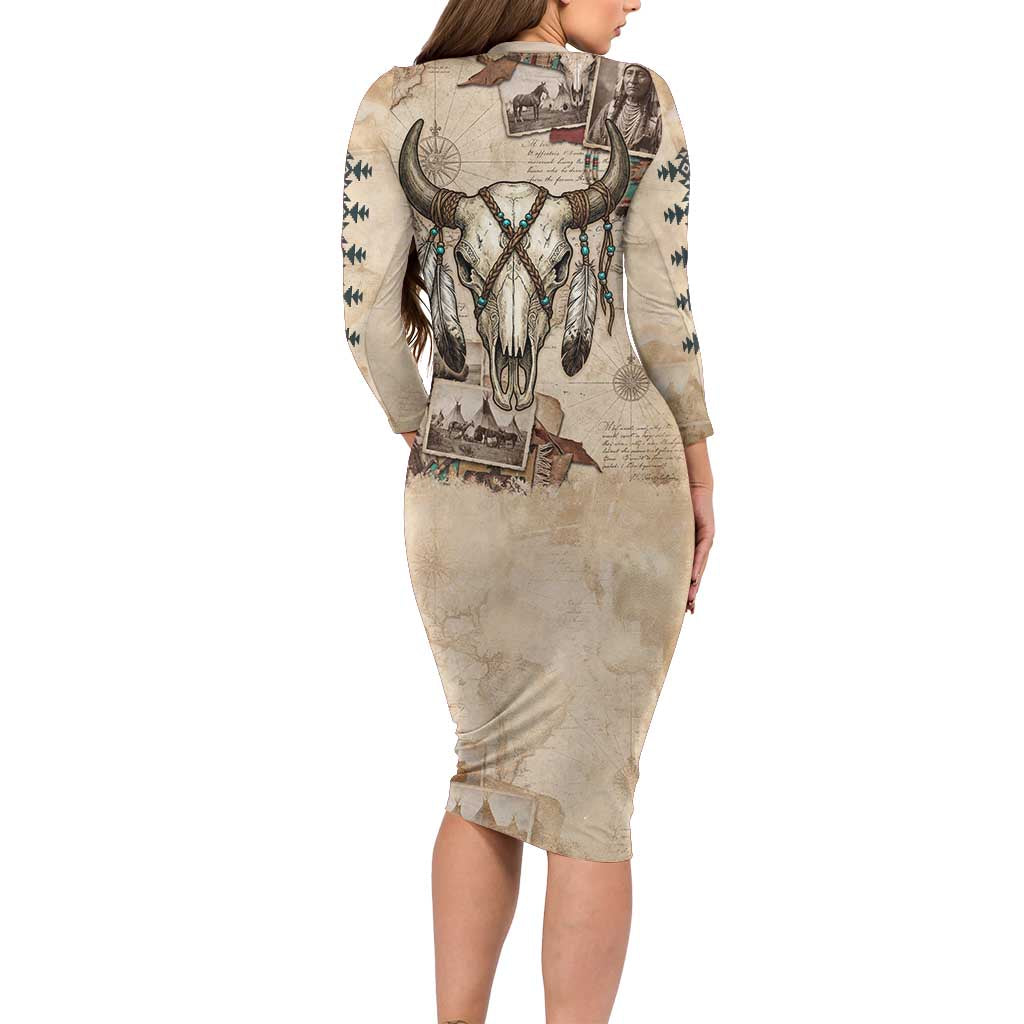 Buffalo Skull Long Sleeve Bodycon Dress Feathers Tribal Map and Historical Indigenous Native American Heritage Bison - Wonder Print Shop