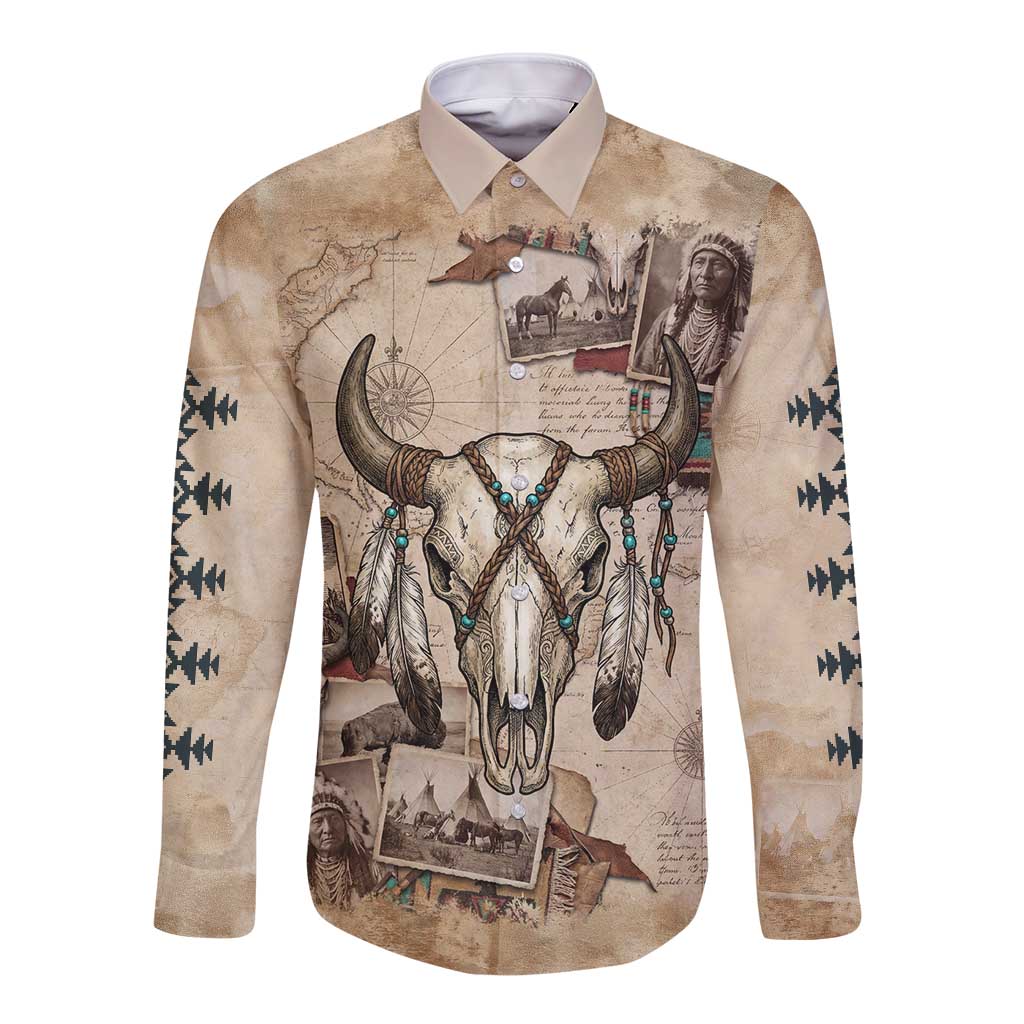 Buffalo Skull Long Sleeve Button Shirt Feathers Tribal Map and Historical Indigenous Native American Heritage Bison - Wonder Print Shop