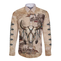 Buffalo Skull Long Sleeve Button Shirt Feathers Tribal Map and Historical Indigenous Native American Heritage Bison - Wonder Print Shop