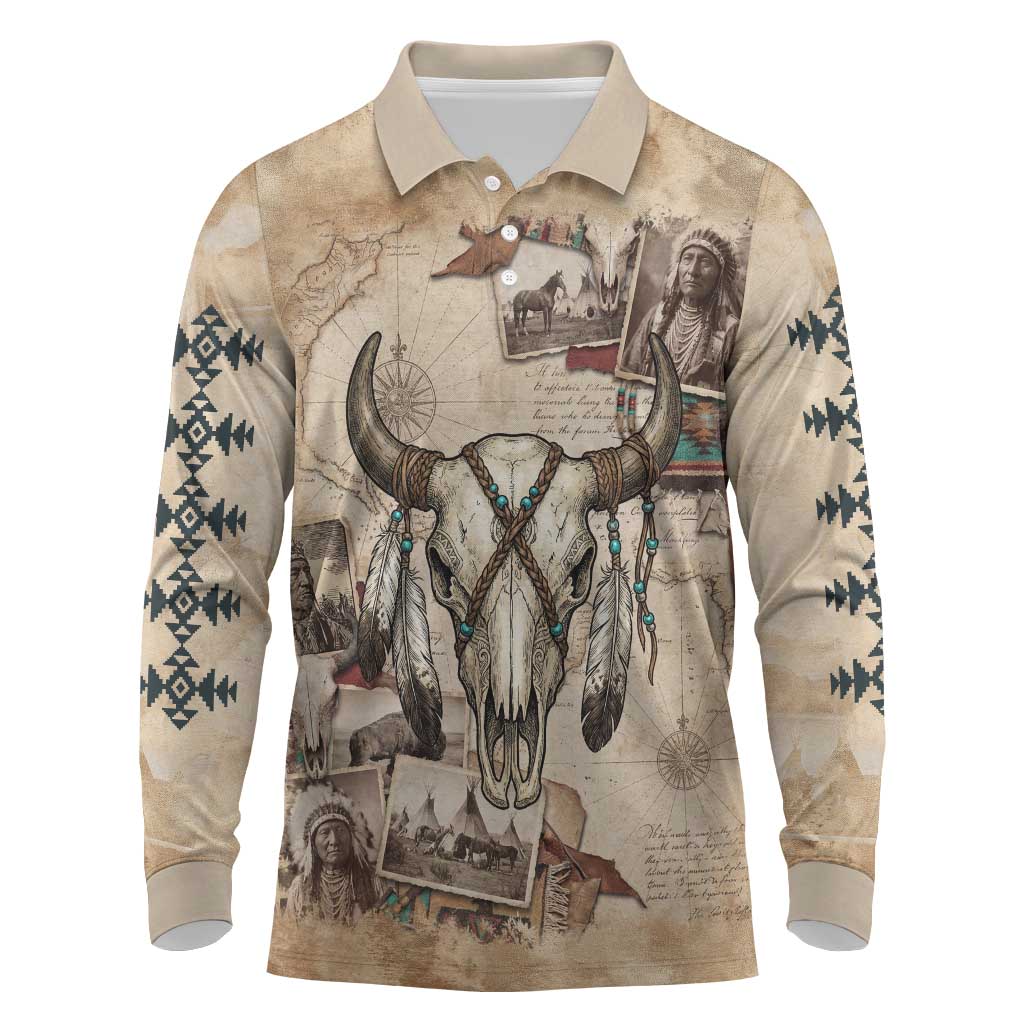 Buffalo Skull Long Sleeve Polo Shirt Feathers Tribal Map and Historical Indigenous Native American Heritage Bison - Wonder Print Shop
