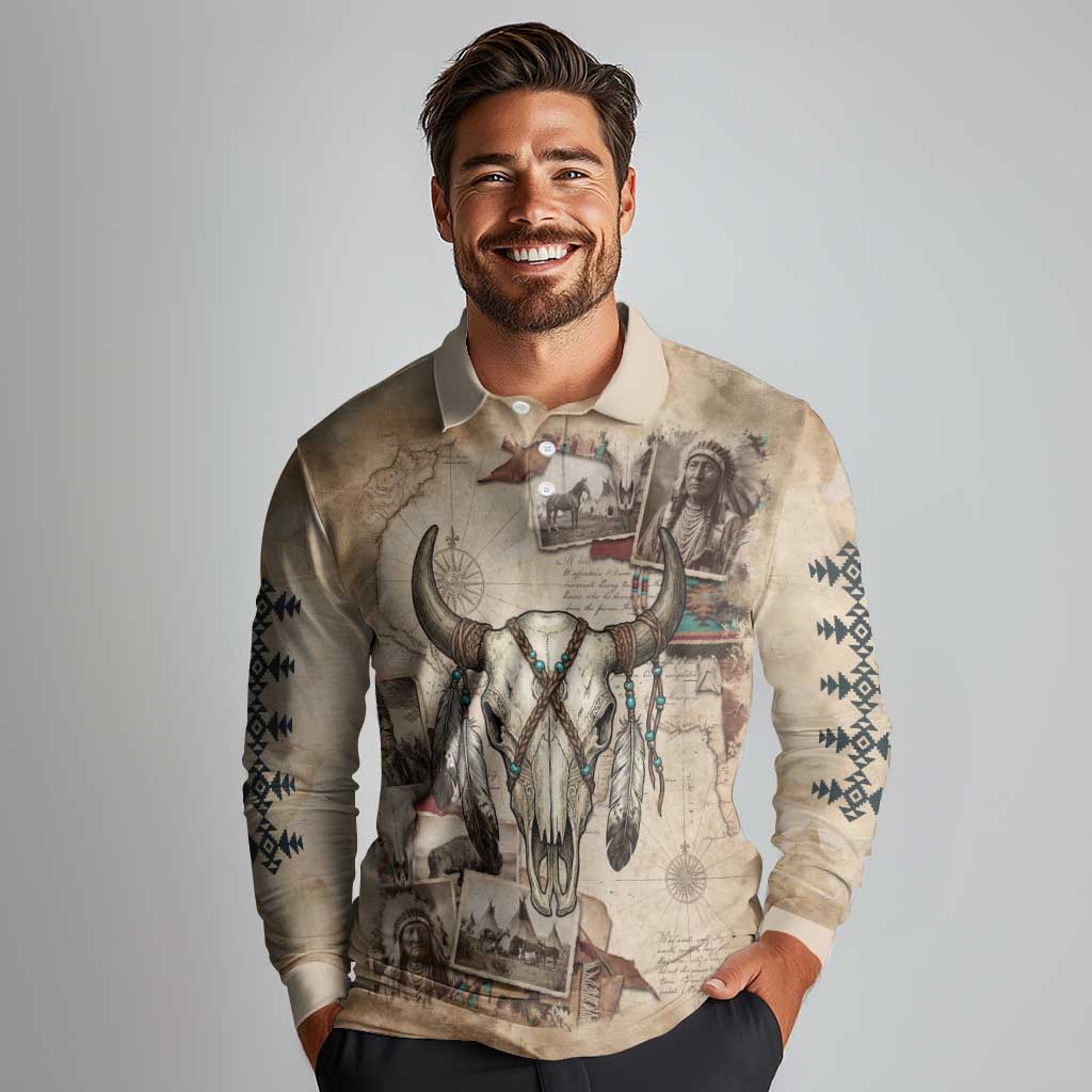 Buffalo Skull Long Sleeve Polo Shirt Feathers Tribal Map and Historical Indigenous Native American Heritage Bison - Wonder Print Shop
