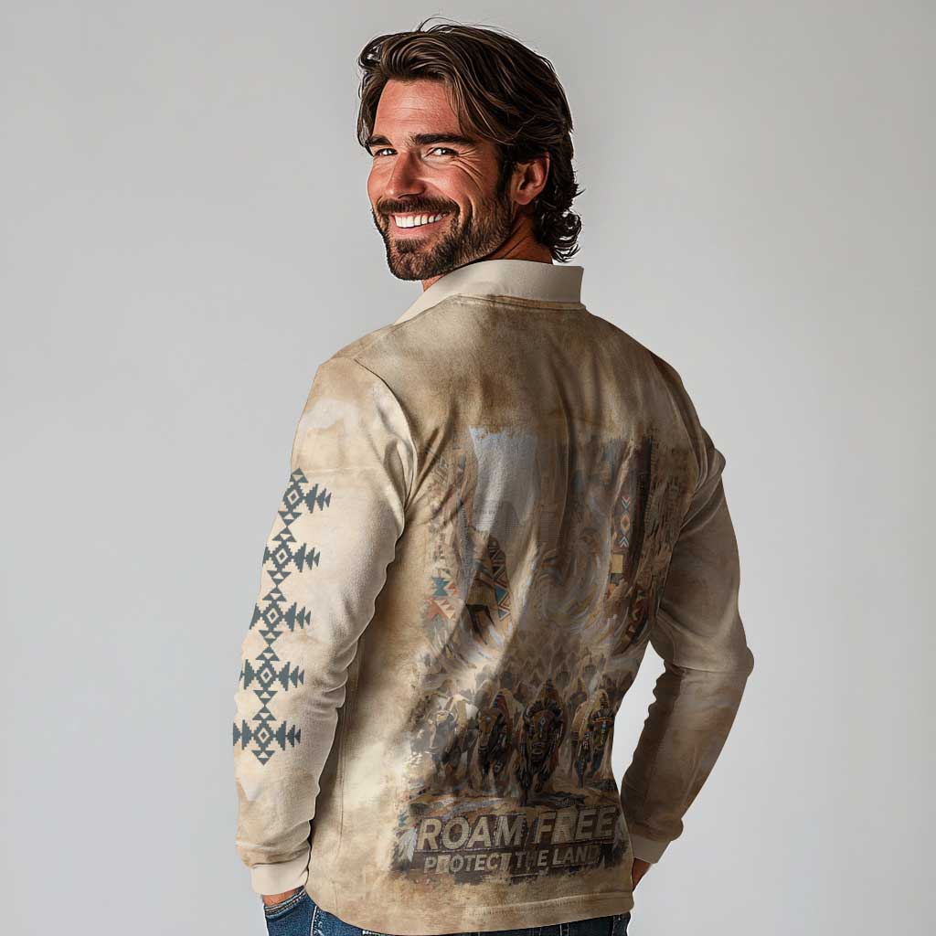 Buffalo Skull Long Sleeve Polo Shirt Feathers Tribal Map and Historical Indigenous Native American Heritage Bison - Wonder Print Shop