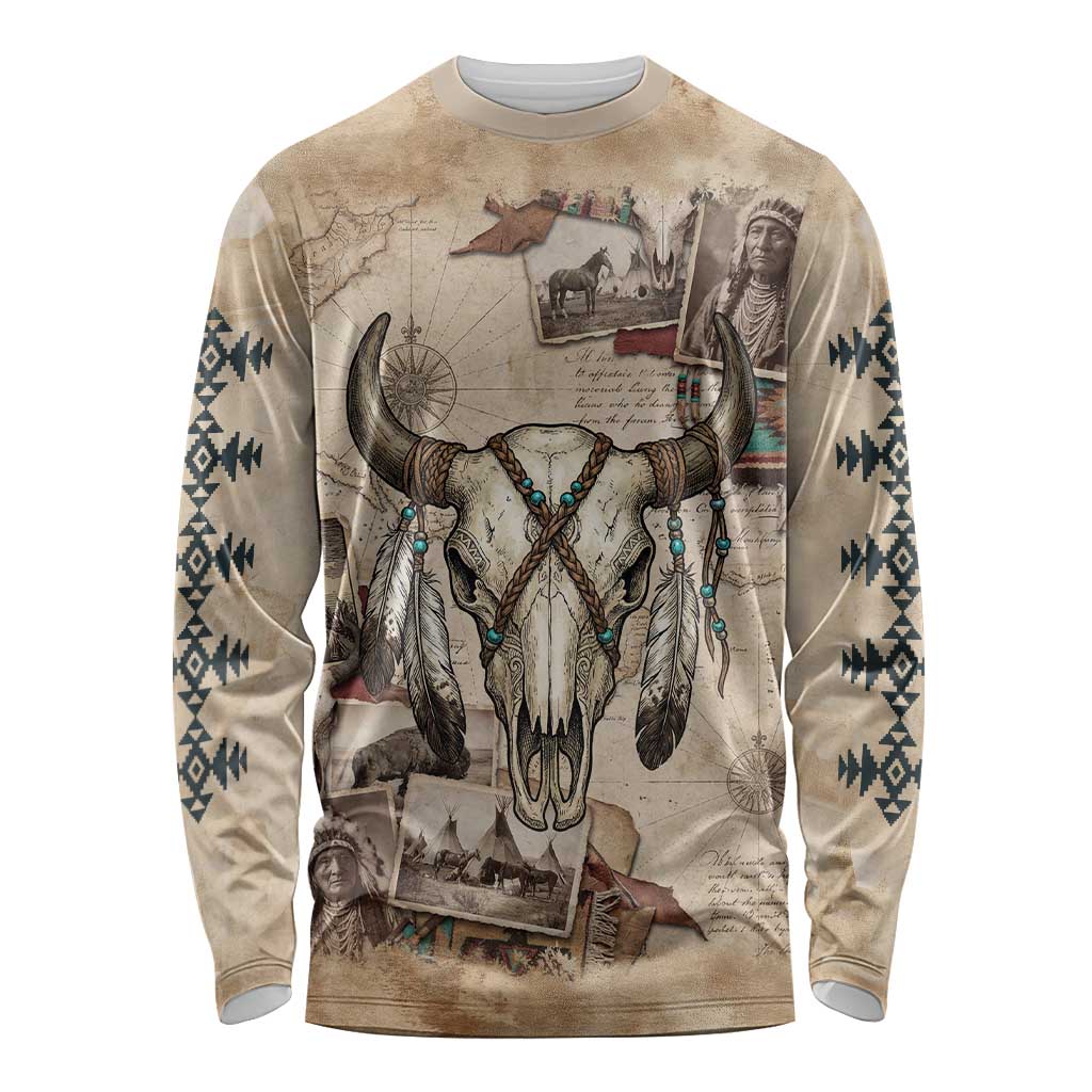 Buffalo Skull Long Sleeve Shirt Feathers Tribal Map and Historical Indigenous Native American Heritage Bison - Wonder Print Shop