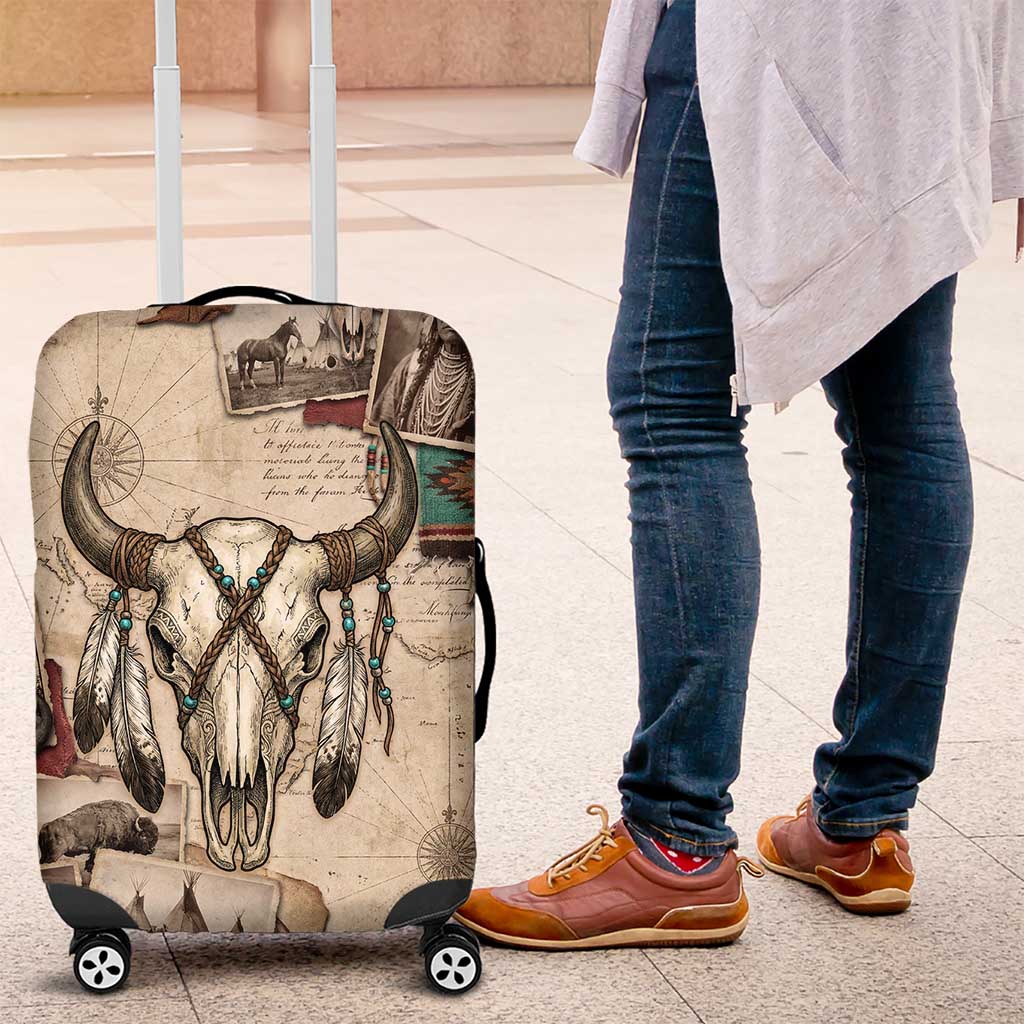 Buffalo Skull Luggage Cover Feathers Tribal Map and Historical Indigenous Native American Heritage Bison - Wonder Print Shop