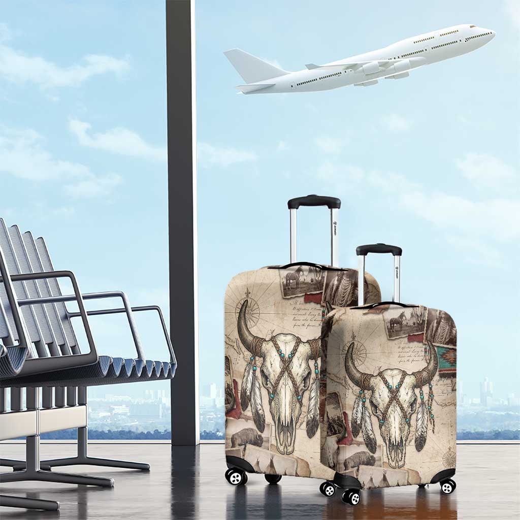 Buffalo Skull Luggage Cover Feathers Tribal Map and Historical Indigenous Native American Heritage Bison - Wonder Print Shop