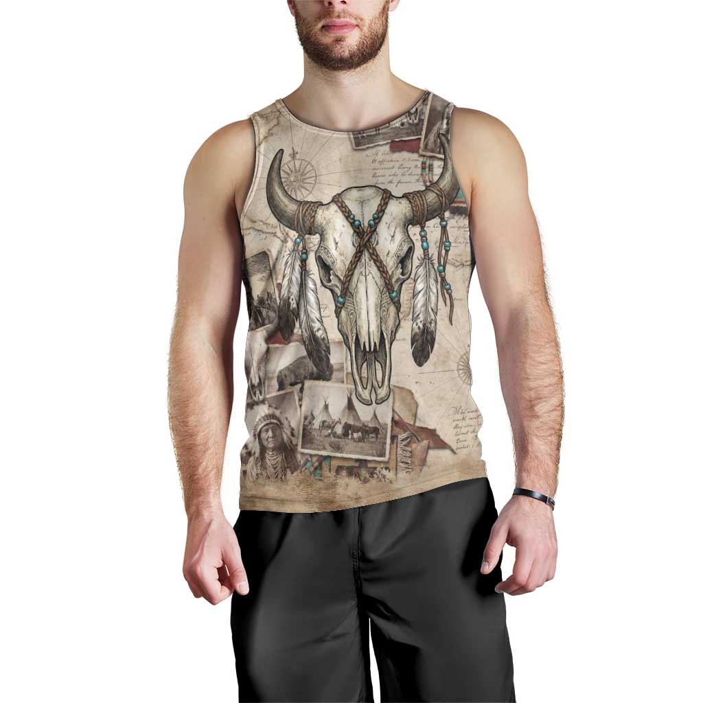 Buffalo Skull Men Tank Top Feathers Tribal Map and Historical Indigenous Native American Heritage Bison - Wonder Print Shop