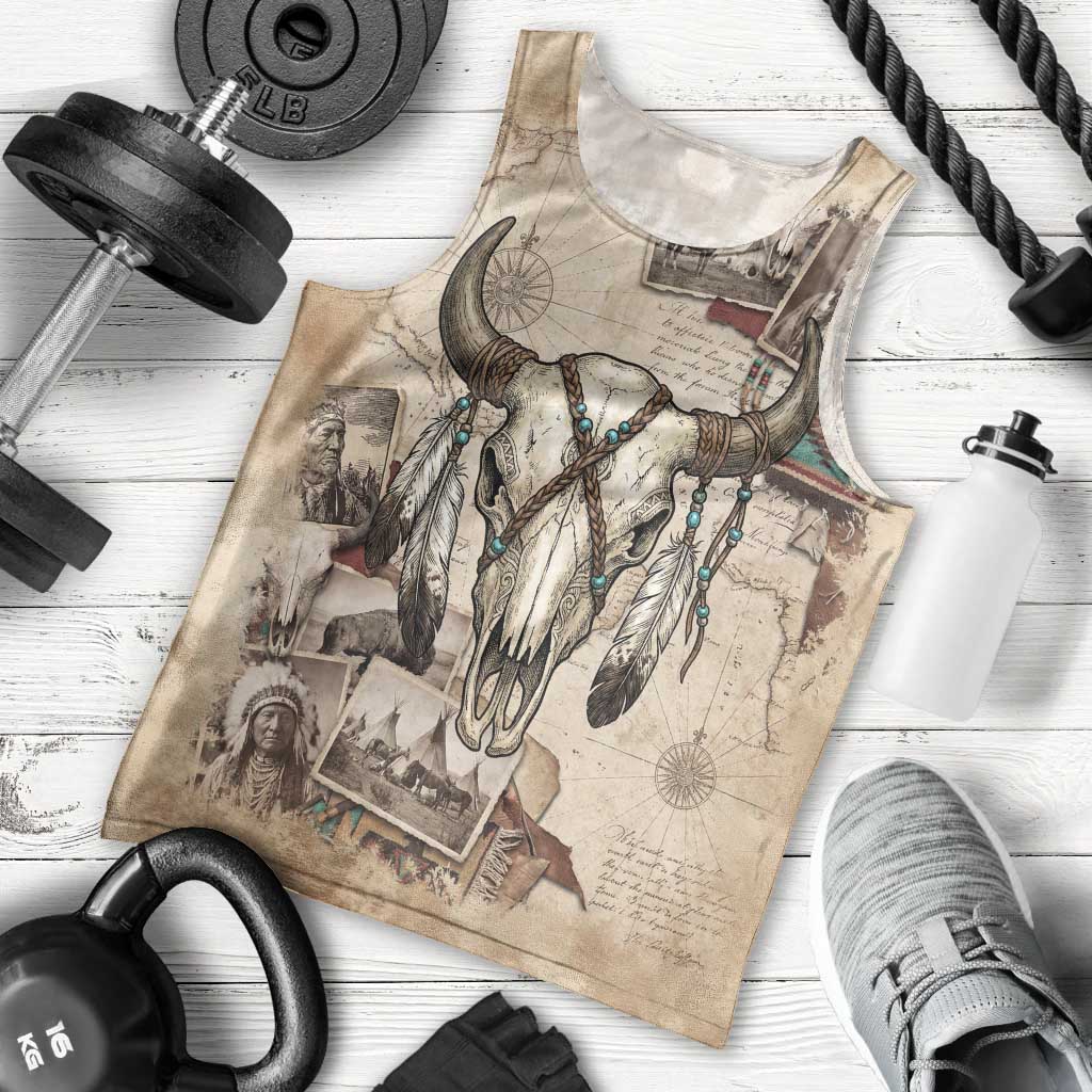 Buffalo Skull Men Tank Top Feathers Tribal Map and Historical Indigenous Native American Heritage Bison - Wonder Print Shop