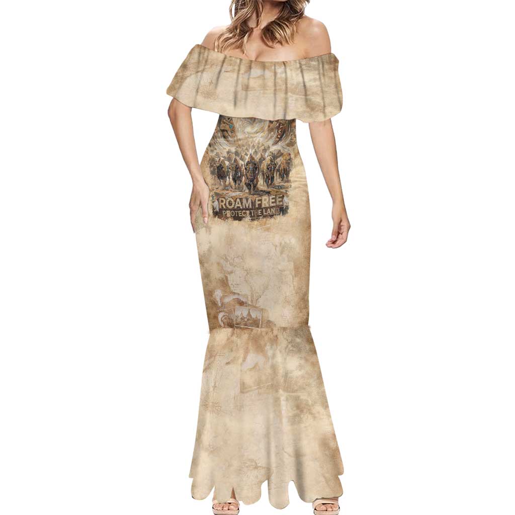 Buffalo Skull Mermaid Dress Feathers Tribal Map and Historical Indigenous Native American Heritage Bison - Wonder Print Shop