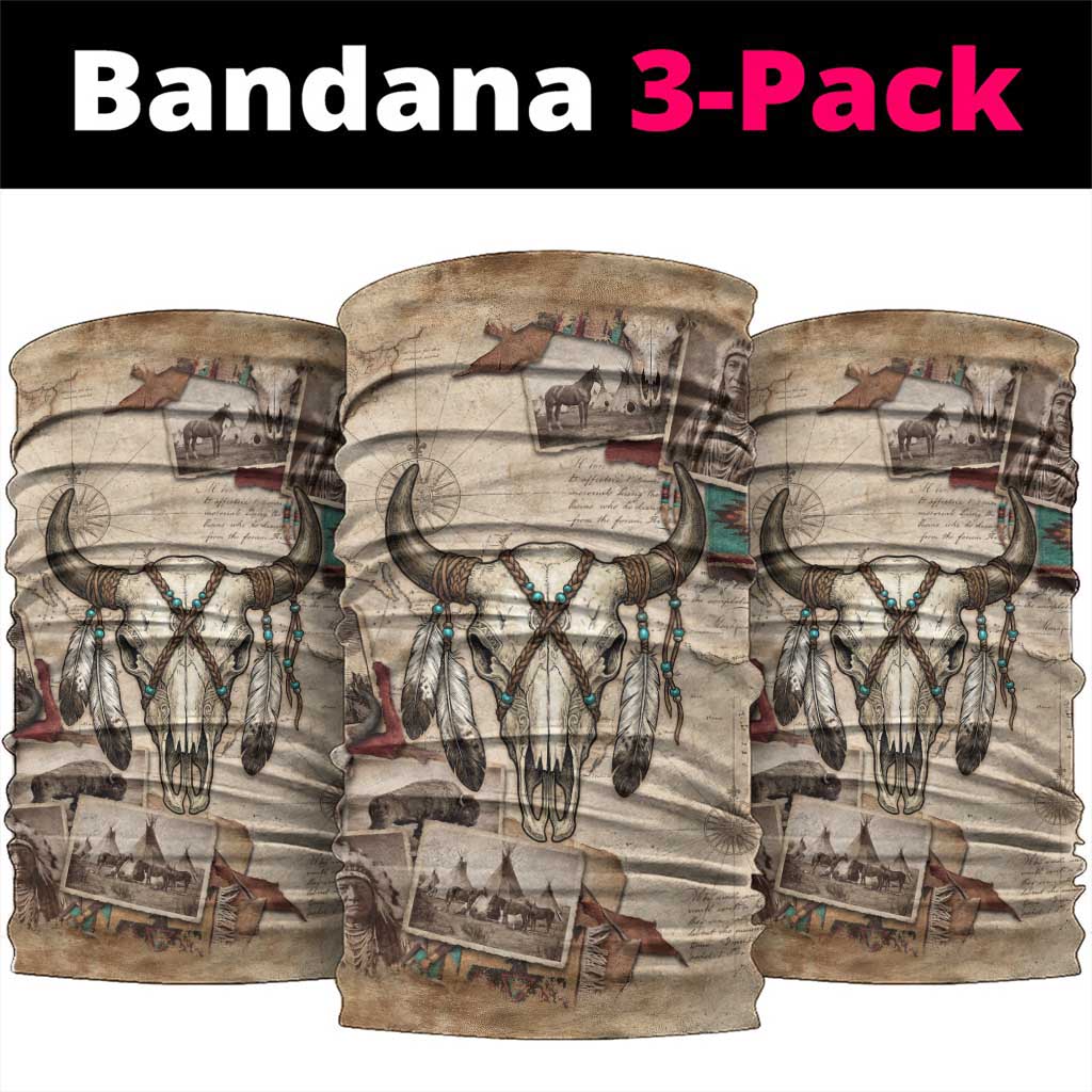 Buffalo Skull Neck Gaiter Feathers Tribal Map and Historical Indigenous Native American Heritage Bison - Wonder Print Shop