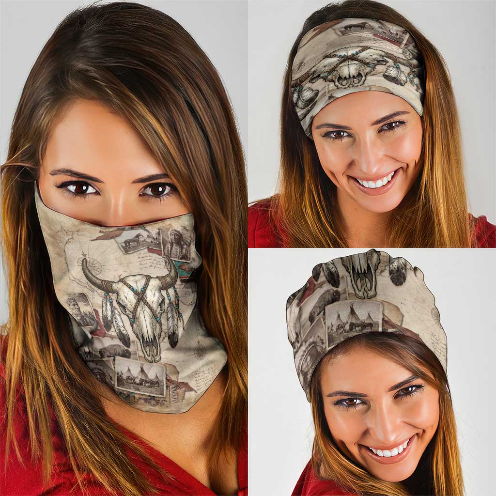 Buffalo Skull Neck Gaiter Feathers Tribal Map and Historical Indigenous Native American Heritage Bison - Wonder Print Shop