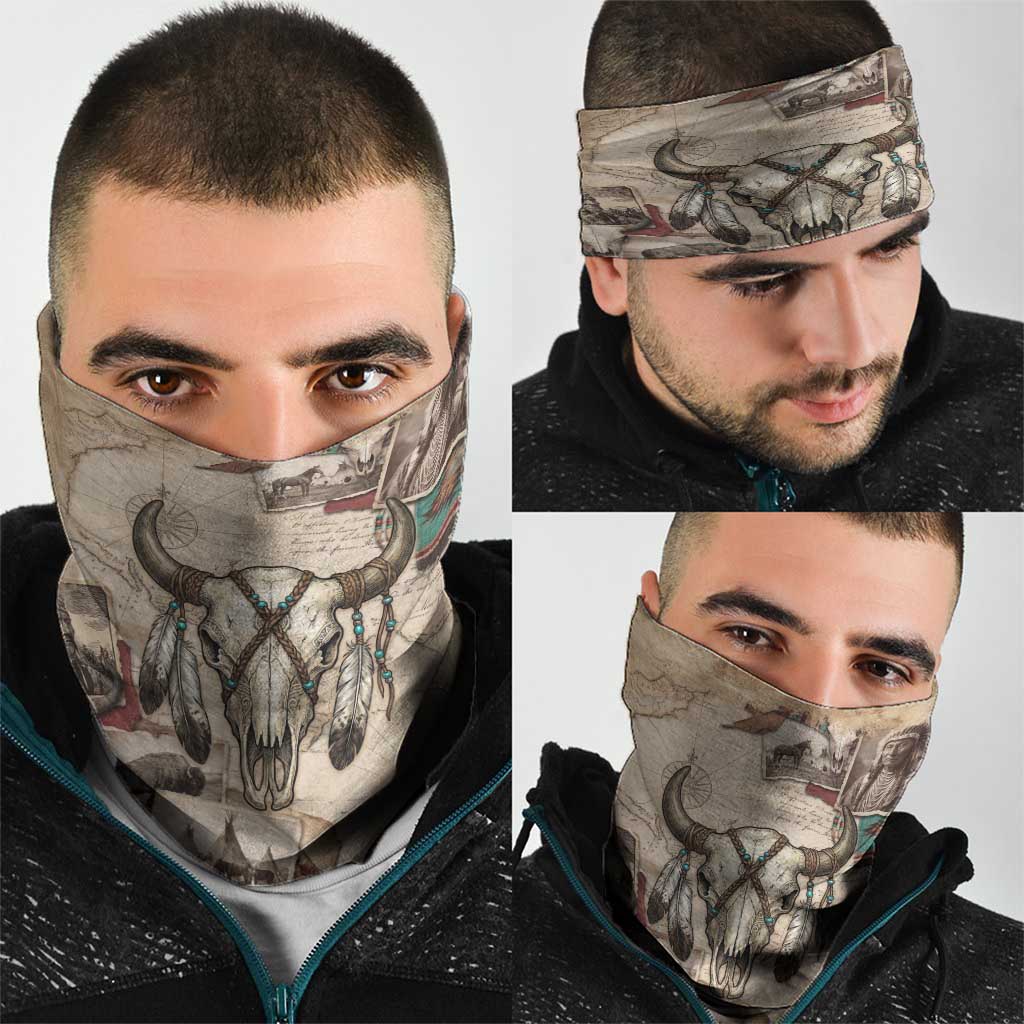 Buffalo Skull Neck Gaiter Feathers Tribal Map and Historical Indigenous Native American Heritage Bison - Wonder Print Shop