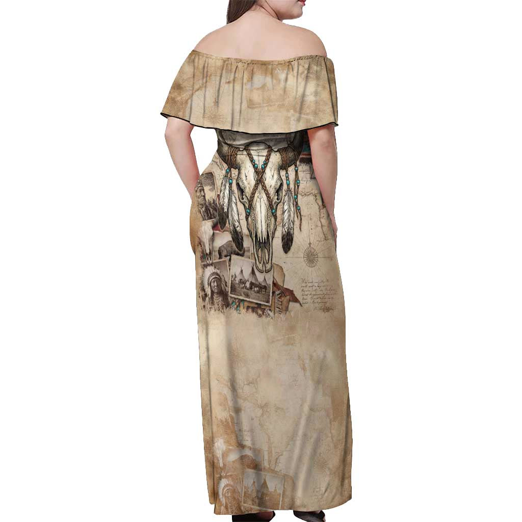 Buffalo Skull Off Shoulder Maxi Dress Feathers Tribal Map and Historical Indigenous Native American Heritage Bison - Wonder Print Shop