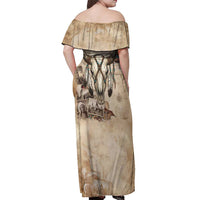 Buffalo Skull Off Shoulder Maxi Dress Feathers Tribal Map and Historical Indigenous Native American Heritage Bison - Wonder Print Shop