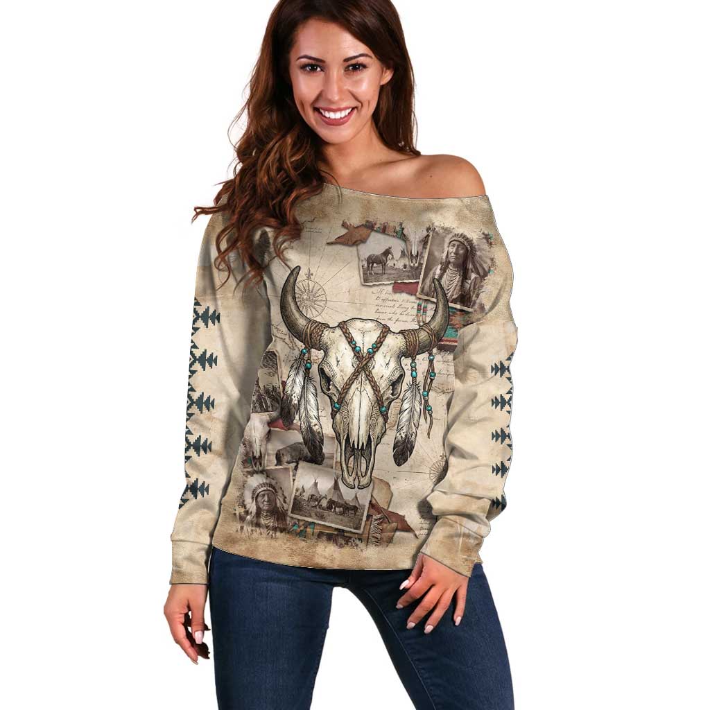 Buffalo Skull Off Shoulder Sweater Feathers Tribal Map and Historical Indigenous Native American Heritage Bison - Wonder Print Shop