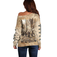 Buffalo Skull Off Shoulder Sweater Feathers Tribal Map and Historical Indigenous Native American Heritage Bison - Wonder Print Shop