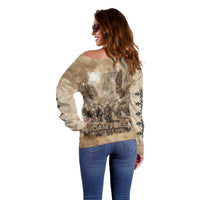 Buffalo Skull Off Shoulder Sweater Feathers Tribal Map and Historical Indigenous Native American Heritage Bison - Wonder Print Shop