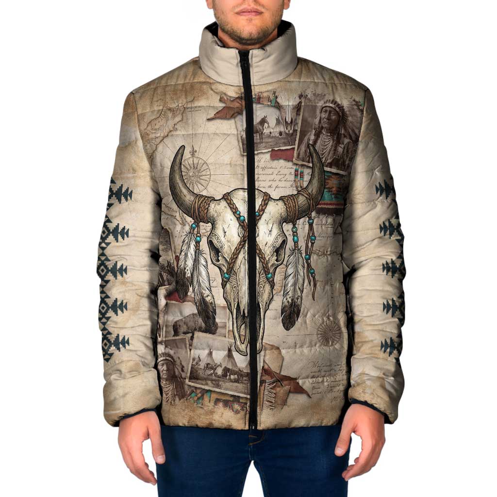 Buffalo Skull Padded Jacket Feathers Tribal Map and Historical Indigenous Native American Heritage Bison - Wonder Print Shop