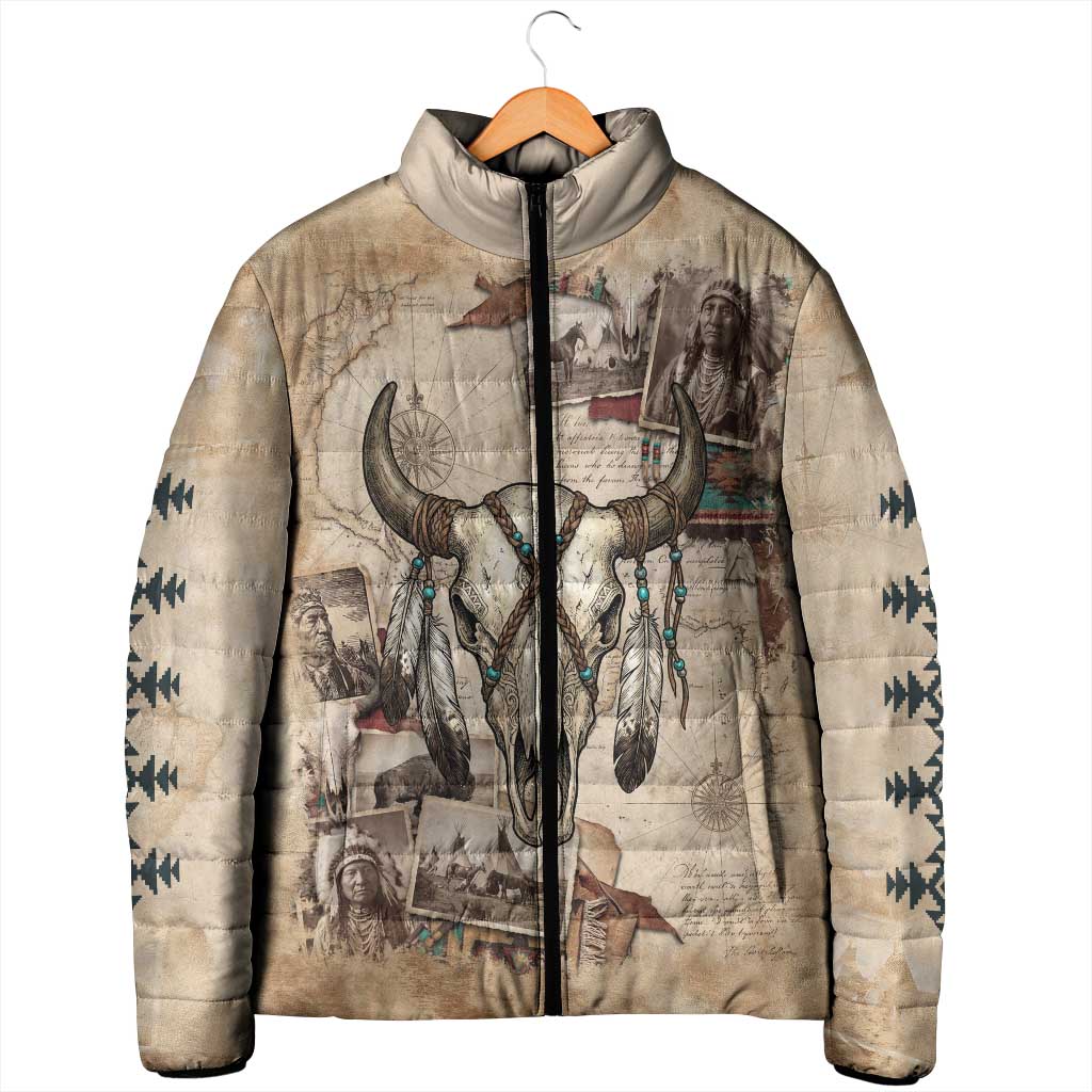 Buffalo Skull Padded Jacket Feathers Tribal Map and Historical Indigenous Native American Heritage Bison - Wonder Print Shop